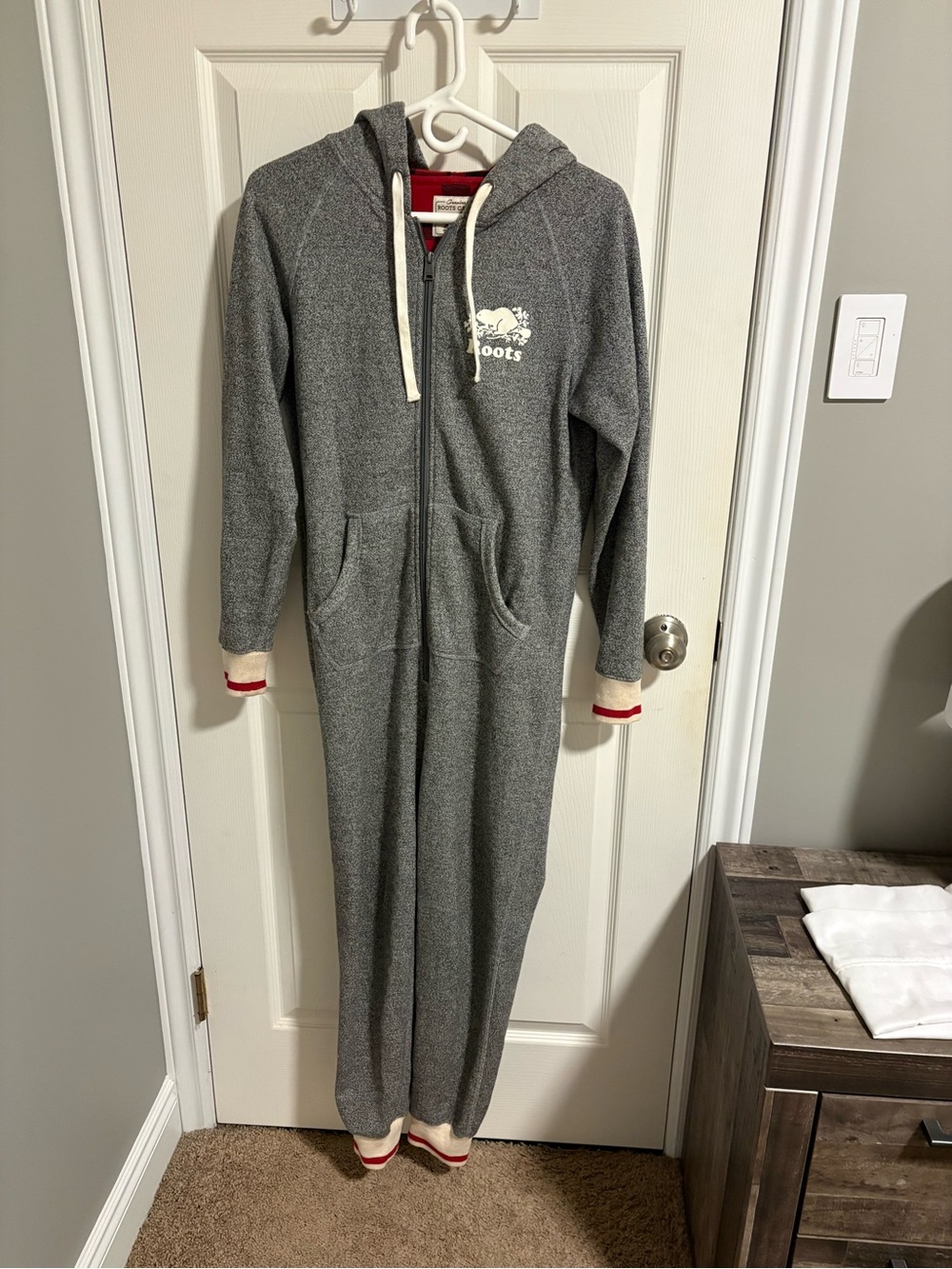 Roots Gray Hooded One-Piece with Cream & Red Trim